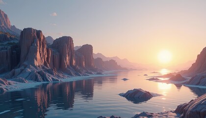 Sunrise over serene river valley nature landscape tranquil environment wide perspective