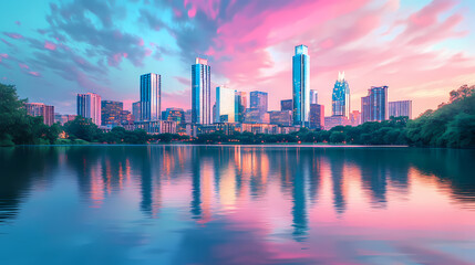 Fototapeta premium A vibrant city skyline reflected in water, showcasing contrasting blue and pink hues. Ethereal City Skyline. Illustration