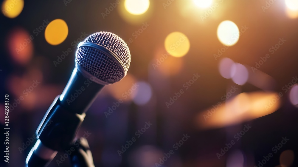 Aufkleber Closeup of a microphone with lights blurred in the background creating a concert atmosphere : Generative AI