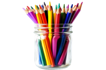 Colorful pencils arranged in a jar on display