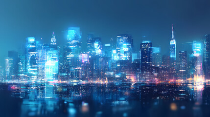 Obraz premium Abstract city skyline illuminated at night with vibrant blue and white hues. Ethereal City Skyline. Illustration