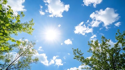 Obraz premium Bright sunny day with clear blue sky and fluffy clouds captured from below lush green trees : Generative AI