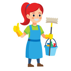 Fototapeta premium A cheerful cartoon illustration of a young woman in a light blue apron, holding cleaning supplies