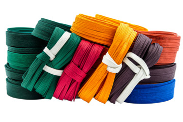 Neatly arranged colored martial arts belts
