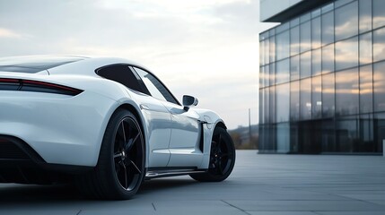 Naklejka premium Elegant white sports car parked near a modern building showcasing sleek design and urban lifestyle : Generative AI