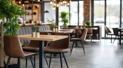 Fototapeta premium Stylish modern restaurant interior featuring wooden tables and chairs paired with elegant lighting and greenery : Generative AI