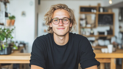 Fototapeta premium young man with curly hair and glasses smiles warmly in cozy cafe setting, surrounded by plants and wooden furniture, creating relaxed atmosphere