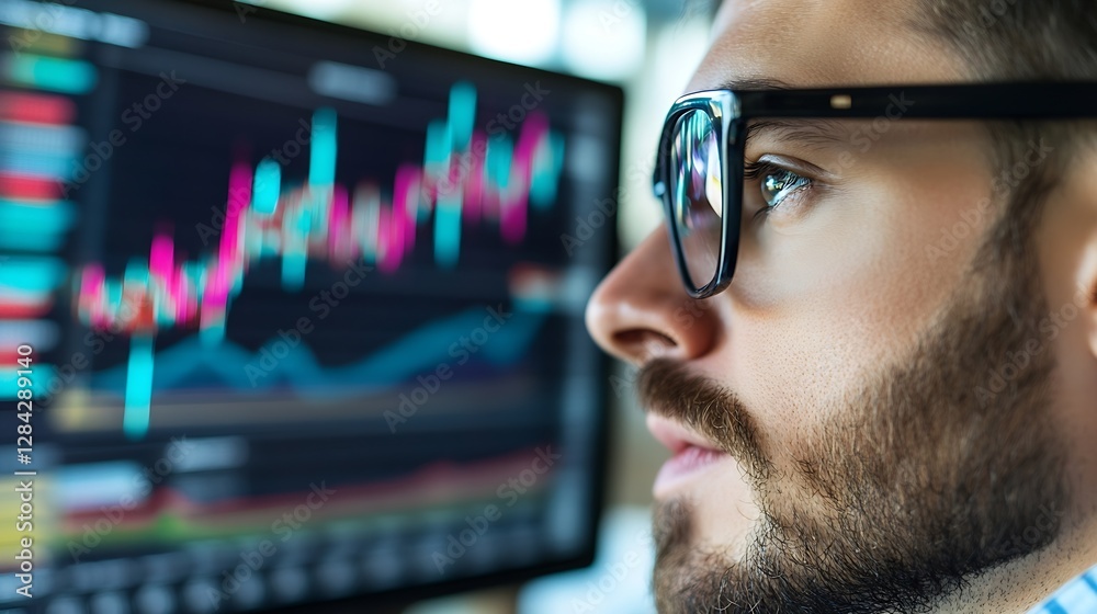 Aufkleber Focused man analyzing stock market trends on a computer screen with data graphs : Generative AI