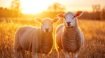 Fototapeta premium Two adorable sheep enjoying a beautiful golden sunset in a picturesque meadow : Generative AI