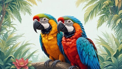 Colorful macaws perched in tropical paradise nature scene vibrant environment close-up view