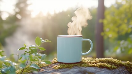 Steaming coffee mug on mossy rock in sunlit forest morning scene