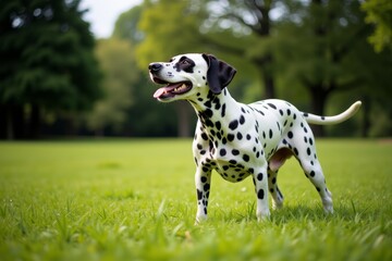 Dalmatian barking joyfully in a lush green park. Concept showcases dalmatian barking as a playful companion in an outdoor setting, depicting happiness and energy.