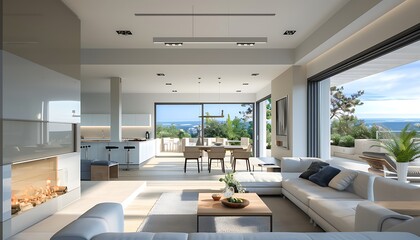 Fototapeta premium Modern living room with fireplace, terrace view, open kitchen area for dining and socializing in summer.