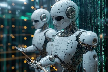 Robots standing lifelike in a futuristic setting with glowing digital elements showcasing advanced technology