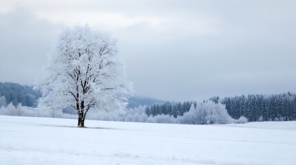Fototapeta premium Solitary snowcovered tree in a vast winter landscape creating a serene and peaceful ambiance : Generative AI