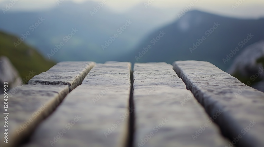 Fototapete Closeup View of Rustic Wooden Planks with Scenic Mountain Background in Soft Focus : Generative AI