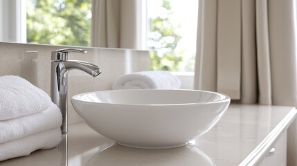 Fototapeta premium White ceramic vessel sink with a modern chrome faucet and folded towels on a countertop in a bright bathroom.