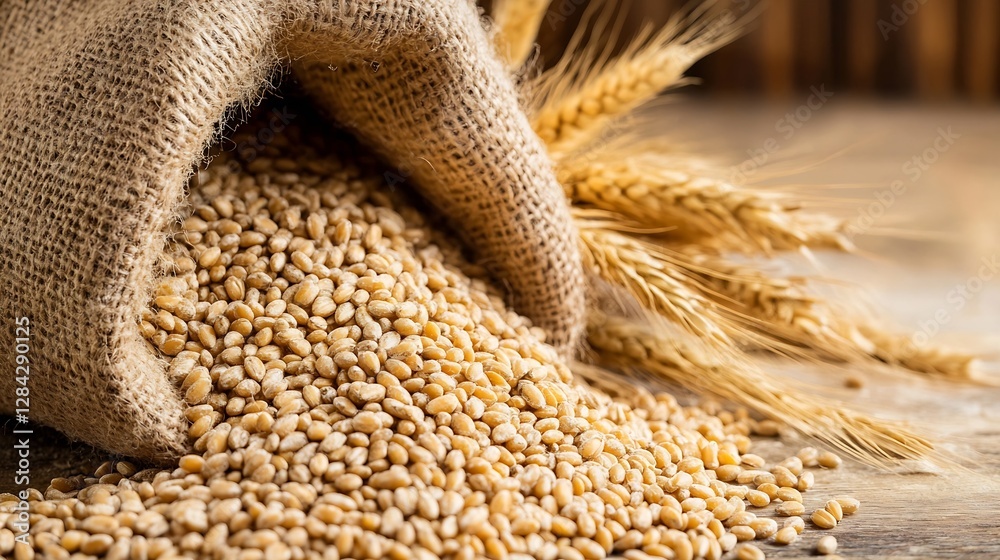 Poster natural golden wheat grains spilling out from a burlap sack in a rustic wooden setting : generative 