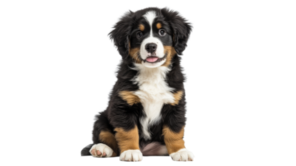 Cute Bernese mountain dog puppy sitting happily