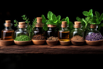 Variety of fragrant herbs and spices arranged in glass jars on wooden surface