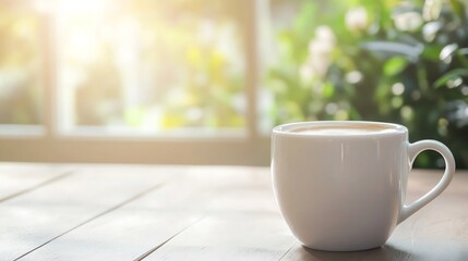 Serene morning coffee in a white cup with sunlight streaming through the window in a cozy home : Generative AI