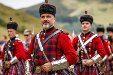 Obraz premium Scottish soldiers wearing traditional red uniforms marching in formation