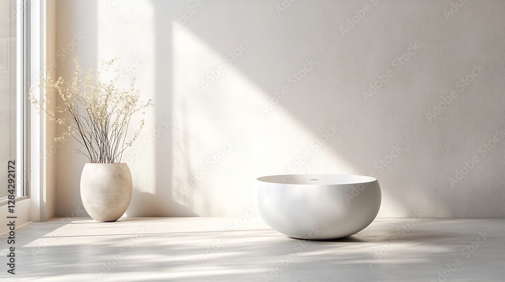 Poster minimalist interior design with a calming white bowl and decorative vase beside a bright window : ge