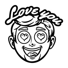 A glyph sticker of a man with hearted eyes and love you typography