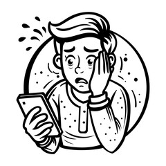 A glyph sticker of scared man holding a phone in his hand 