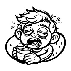 A glyph style sticker of a tired boy holding a cup 