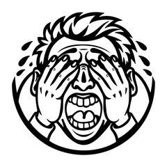 A glyph style sticker of a terrifying character cover his eyes with hands