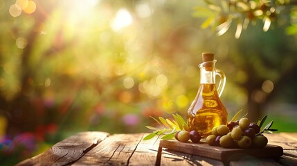 Olive oil and olives on a wooden table on a garden background