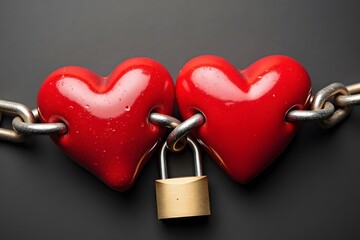 Two red heart-shaped locks connected by chain on dark background