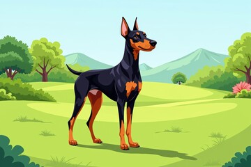 Doberman pinscher standing guard in a picturesque landscape with mountains and trees. Concept focuses on doberman pinscher standing guard in a serene, natural environment.