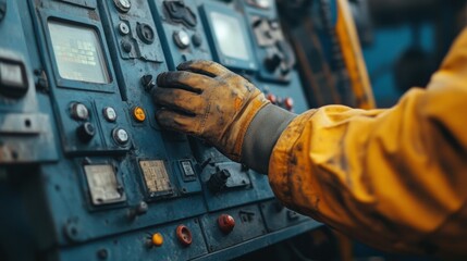 Close-Up of Worker Hand Operating Industrial Control Panel in Factory