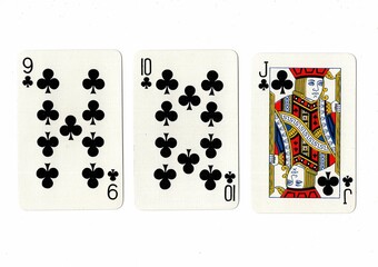 A hand of playing cards showing a run of three on a white background.