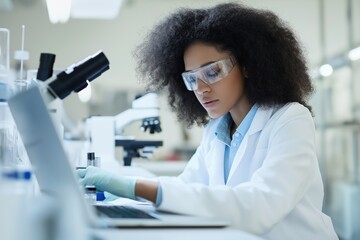 A woman in a lab coat is working on a laptop computer. She is wearing safety goggles and gloves