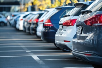 Fototapeta premium Numerous parked cars lined up in a modern urban parking lot during daylight, showcasing various colors and designs. Generative AI