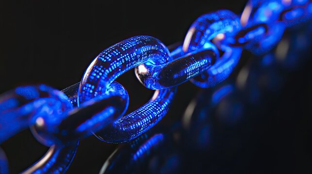 Blockchain digital chain composed of 1s and 0s in binary coding, set against a crypto currency technology backdrop