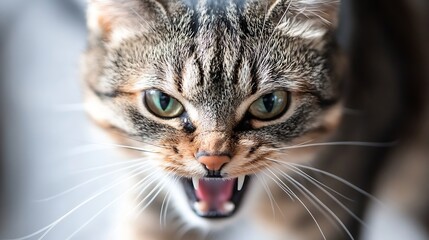 Closeup of an angry domestic cat showing teeth and intense green eyes : Generative AI