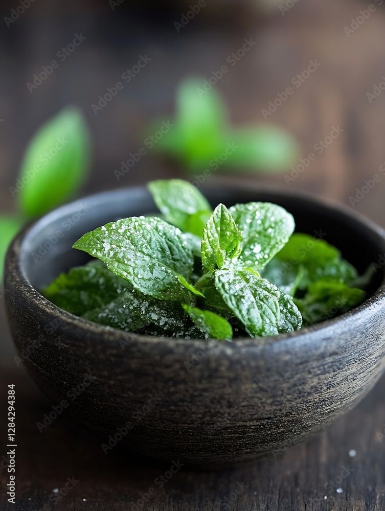 Poster fresh mint leaves coated with a hint of frost resting in a rustic dark bowl for culinary inspiration