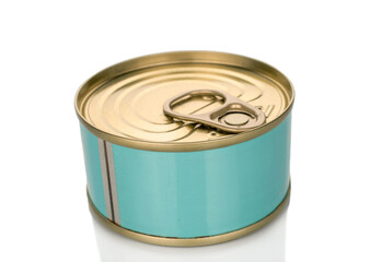 One metal can of tuna, close-up, isolated on a white background.