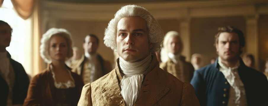 18th century gathering of men and women in period costumes at historic assembly