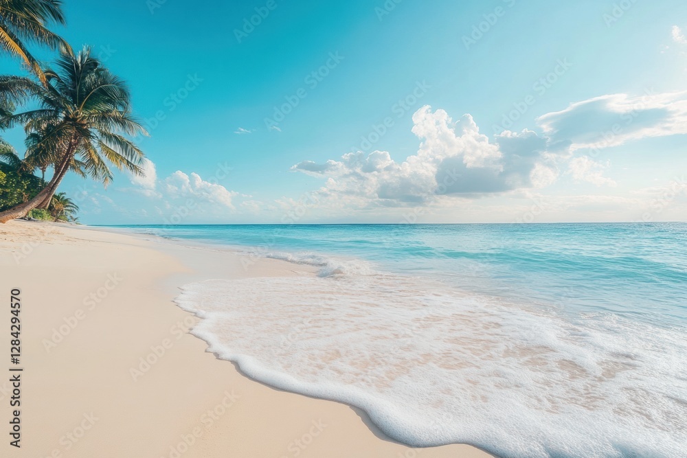 Poster relaxing beach view with sand, waves, and palm trees under a bright sky during midday in a tropical 