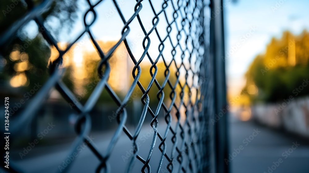 Fototapete Closeup of a metallic fence highlighted by soft sunlight filtering through creating an urban atmosphere : Generative AI