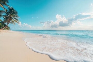 Relaxing beach view with sand, waves, and palm trees under a bright sky during midday in a tropical paradise. Generative AI