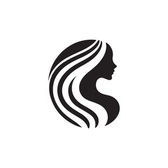 Stylized female profile, black and white silhouette, minimalist beauty icon, hair salon logo design