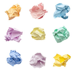 Naklejka premium Nine Pastel Colored Crumpled Paper Scraps PNG Against Transparent Background for Creative Design, Abstract Concepts, or Artistic Projects