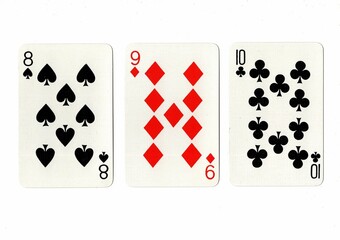 A hand of playing cards showing a run of three on a white background.