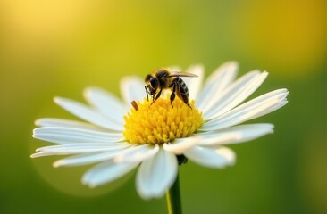 Bee pollinating a daisy flower in sunlit garden